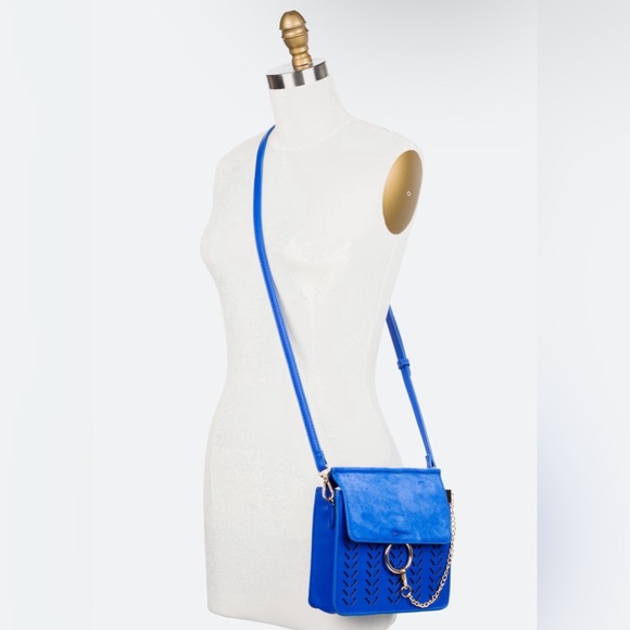 Moda Luxe Elianna Crossbody Bag Cobalt Blue Perforated Mini Bag Gold Ring Accent - Picture 16 of 16
